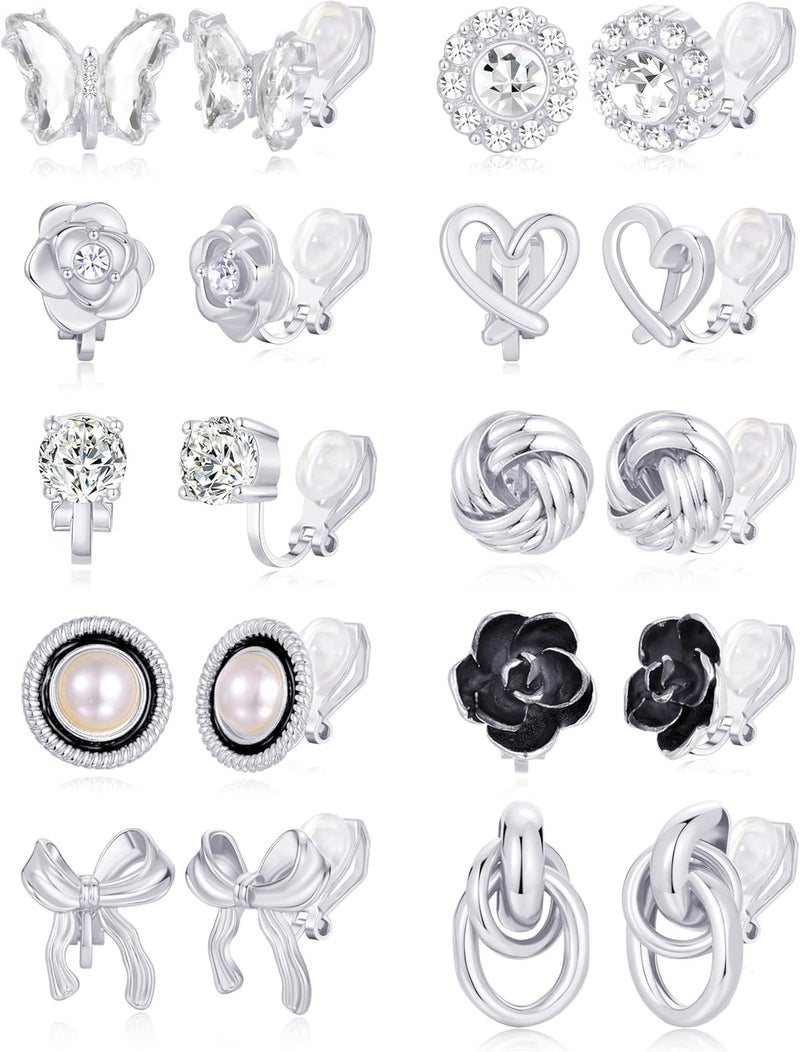 Tornito 10-15 Pairs Clip on Stud Earrings Non Pierced Teardrop Round Square CZ Pearl Twist Knot Flower Butterfly Heart Star Rainbow Cat Opal Clip on Earrings for Women - Image 1